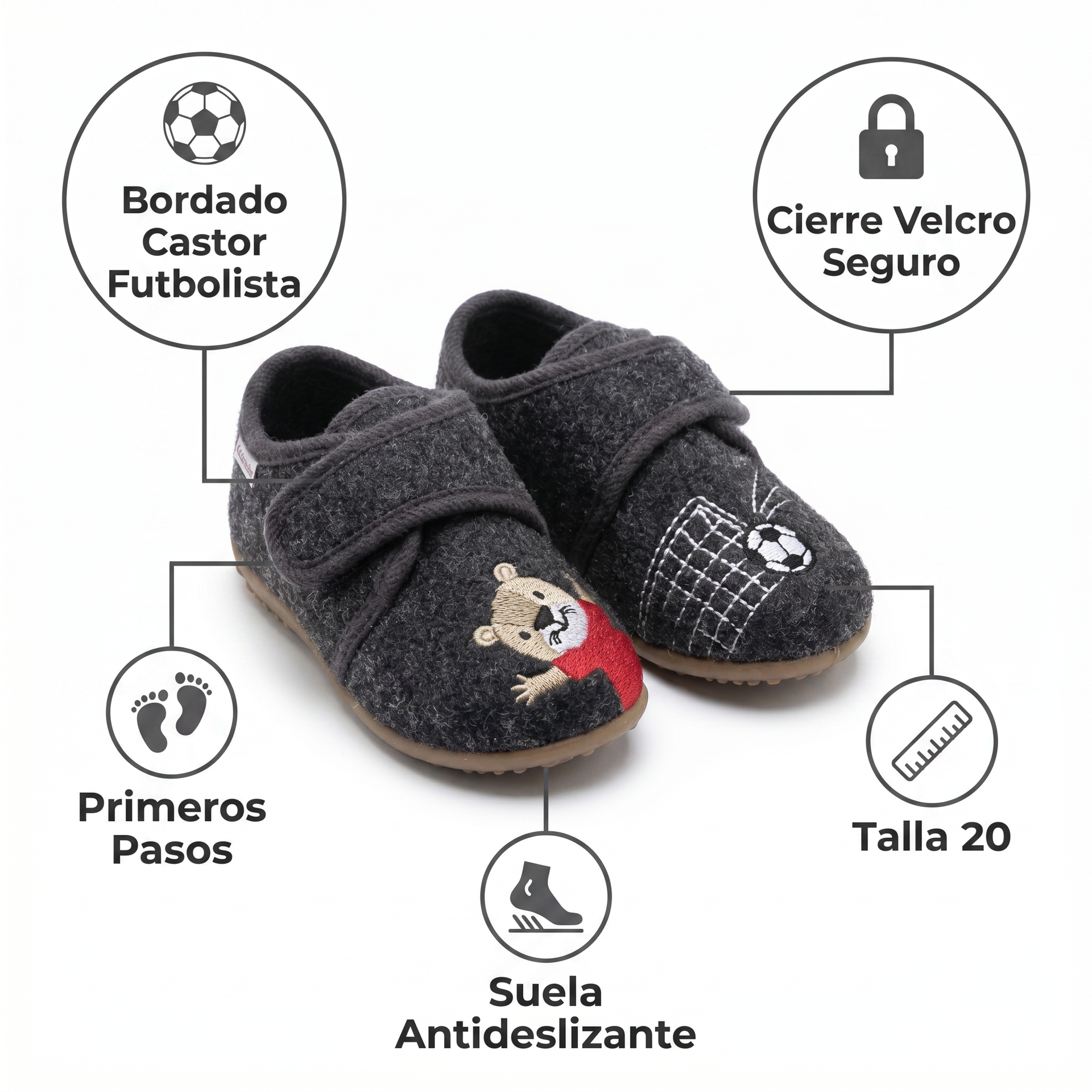 Zapatillas de Casa Bebé Gris Fútbol/Castor — Fieltro con Velcro