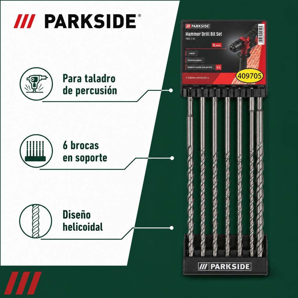 Parkside conjunto de brocas para taladro de percusión con soporte organizador, longitudes variadas