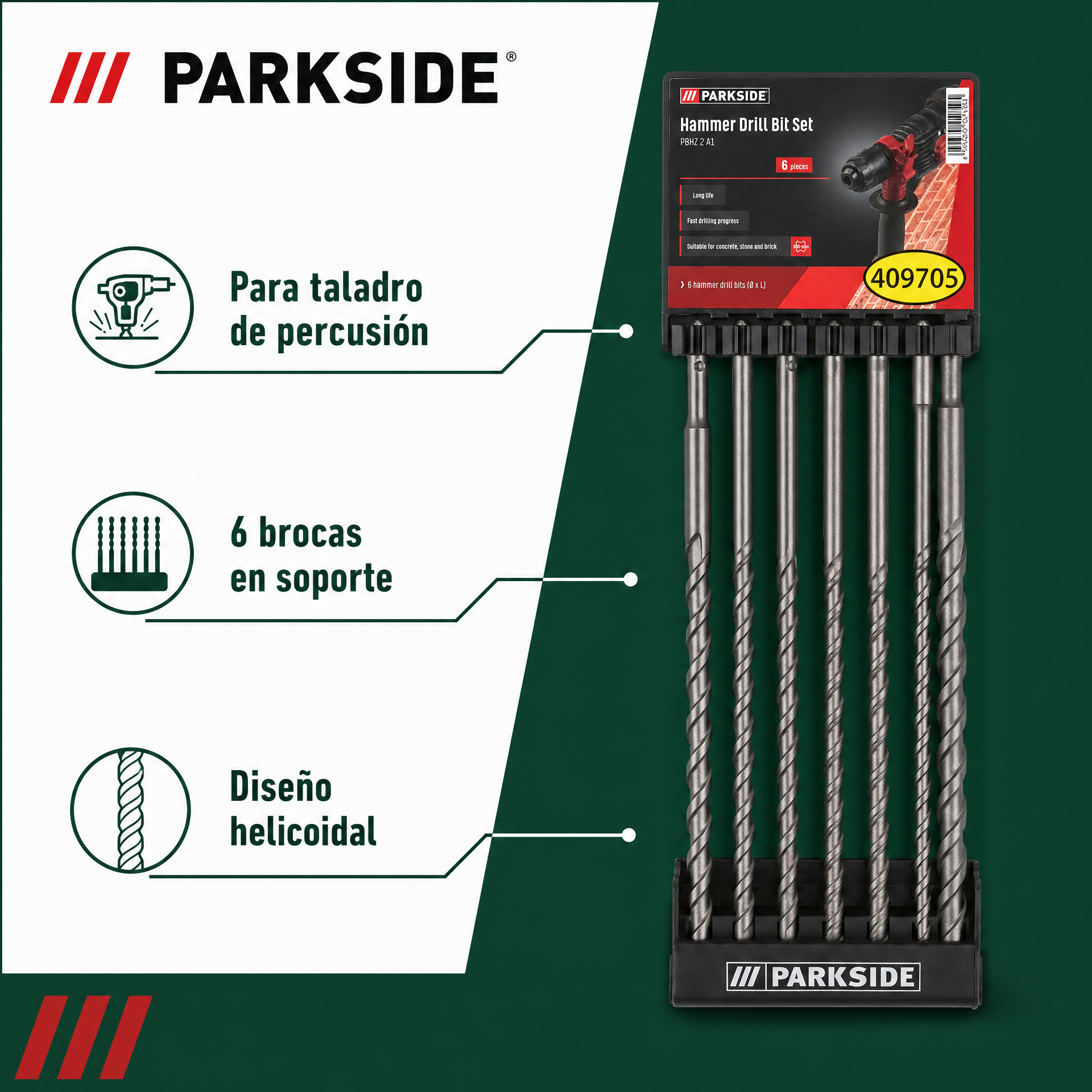 Parkside conjunto de brocas para taladro de percusión con soporte organizador, longitudes variadas