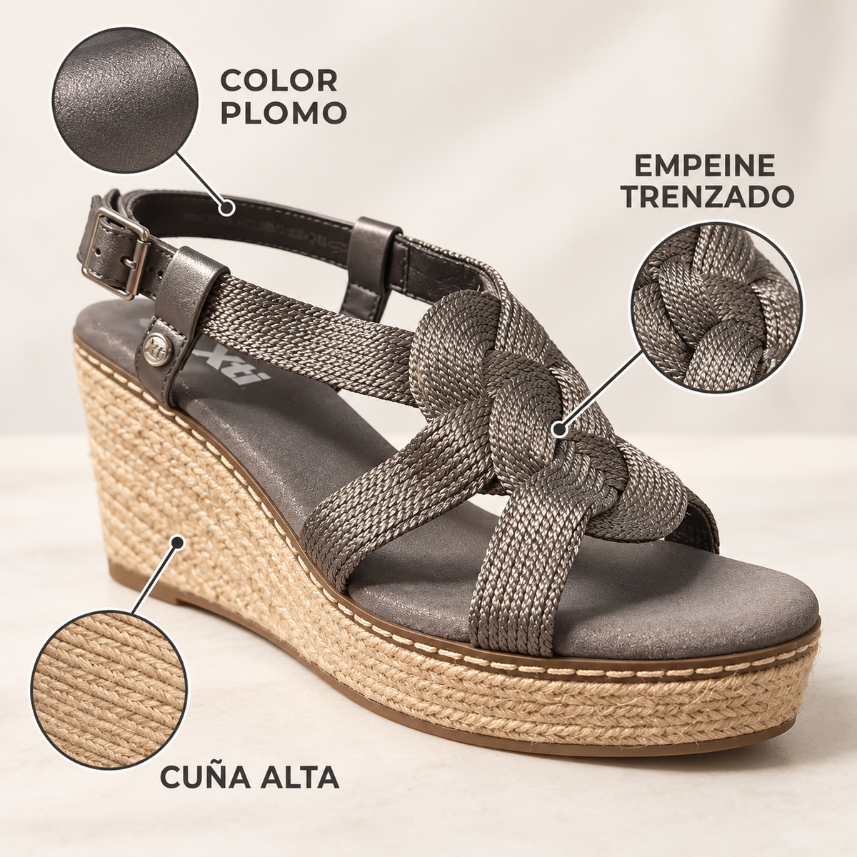 Características de la Xti 141441: color plomo, empeine trenzado y cuña alta