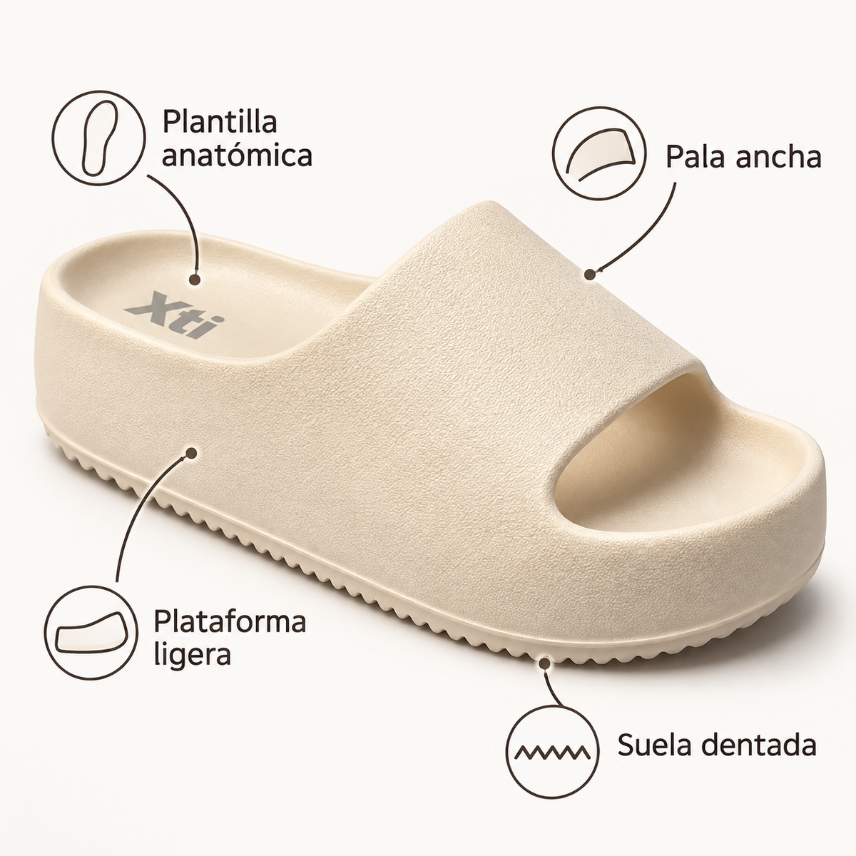 Características de la sandalia Xti 143900: pala ancha, plantilla anatómica, plataforma ligera y suela dentada