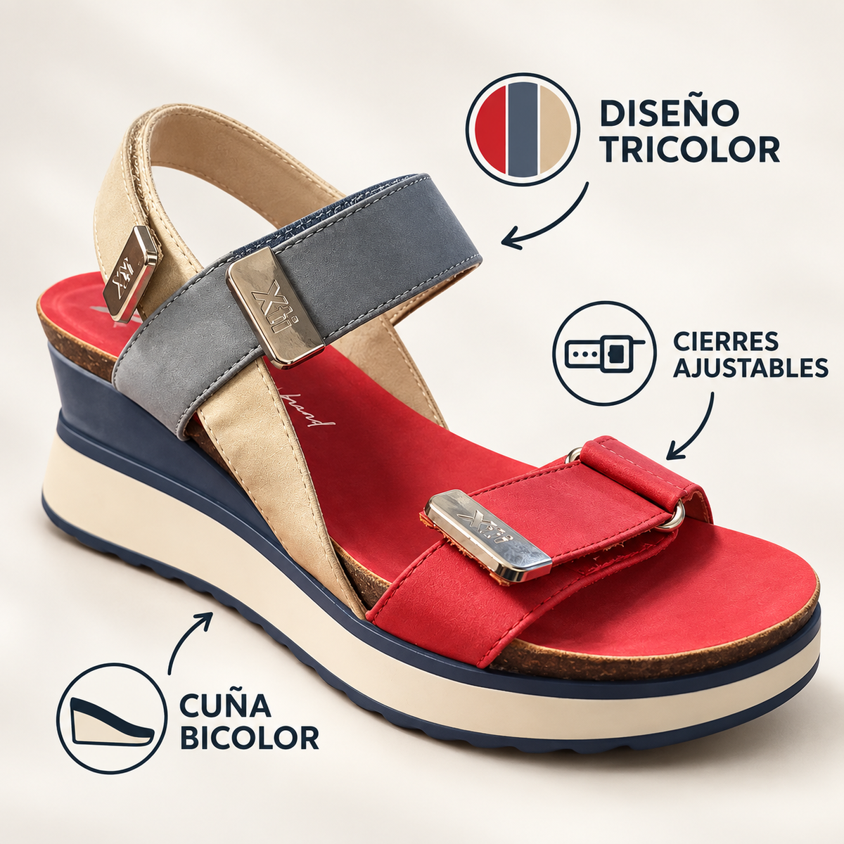 Características de la Xti 16360: diseño tricolor, cierres ajustables y cuña bicolor