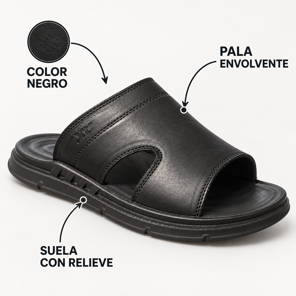 Características de la sandalia Xti 17472: color negro, pala envolvente y suela con relieve