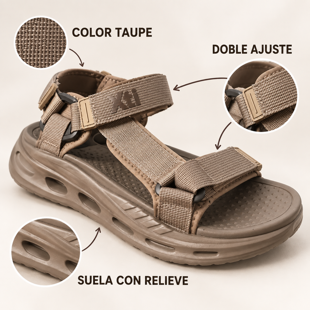 Características de la Xti 17475: color taupe, doble ajuste y suela con relieve