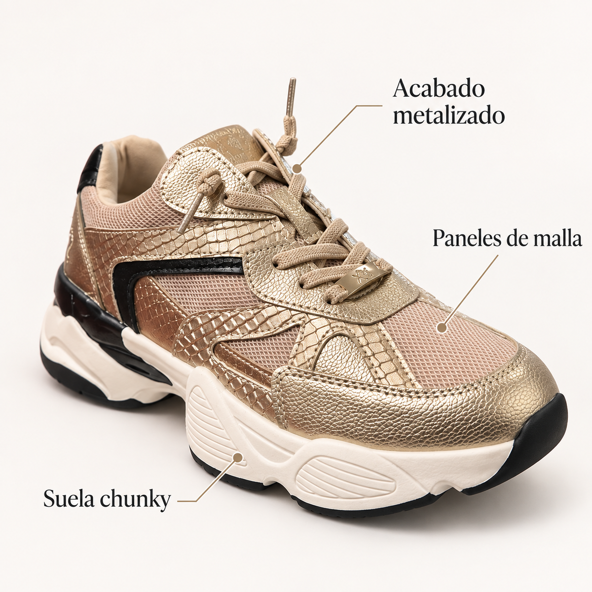 Zapatilla Xti Chunky Metalizada Oro y Negro Mujer, características