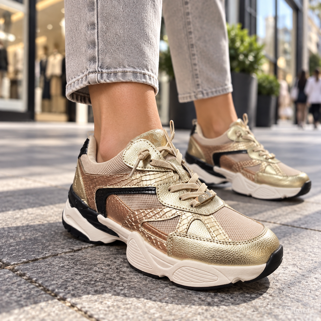 Zapatilla Xti Chunky Metalizada Oro y Negro Mujer, imagen lifestyle