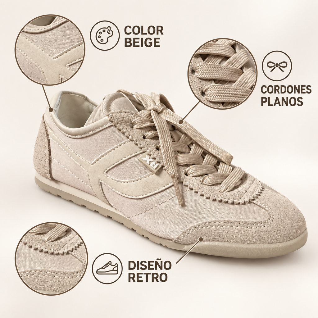 Características de la zapatilla Xti 18026: color beige, cordones planos y diseño retro