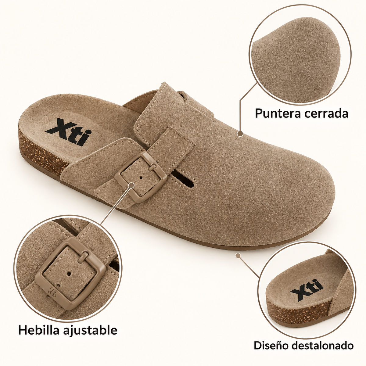 Zuecos Xti beige cerrados con hebilla, características
