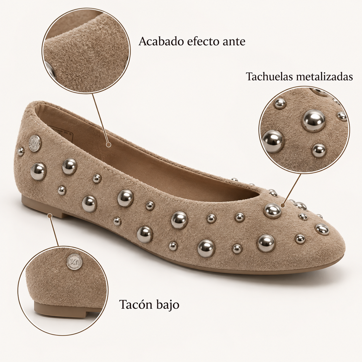 Características de las bailarinas Xti 145283 taupe con tachuelas