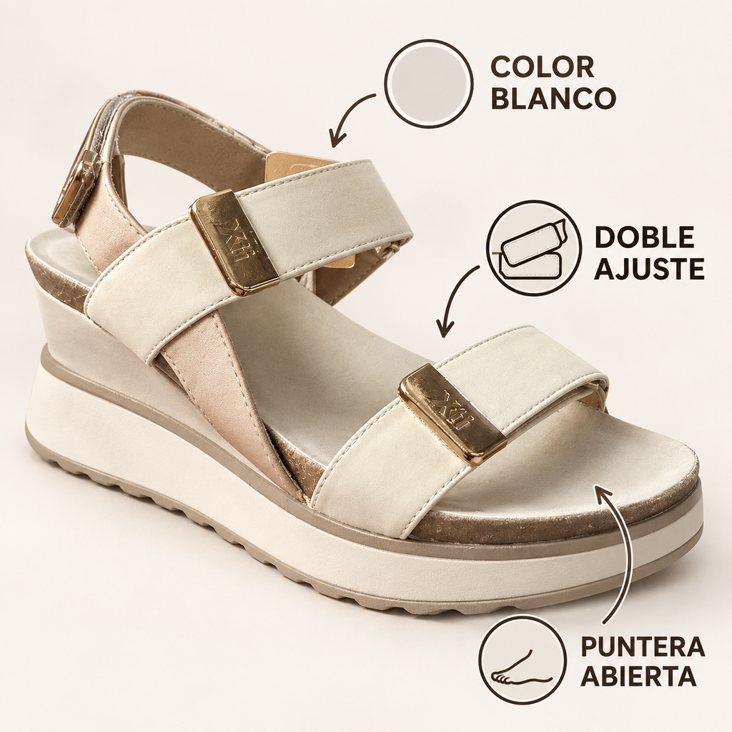 Características de la Xti 18582: color blanco, doble ajuste y puntera abierta