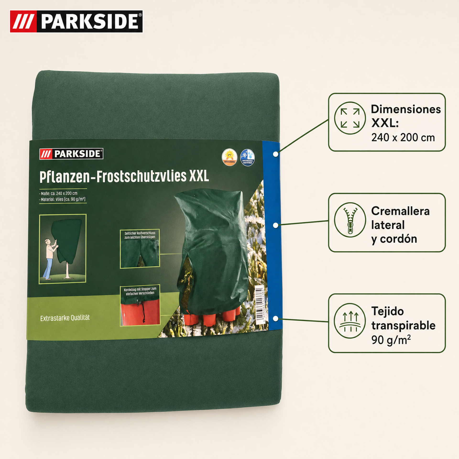 Parkside Vellón protección heladas 240 x 200 cm 90 g/m² cremallera y cordón con tope