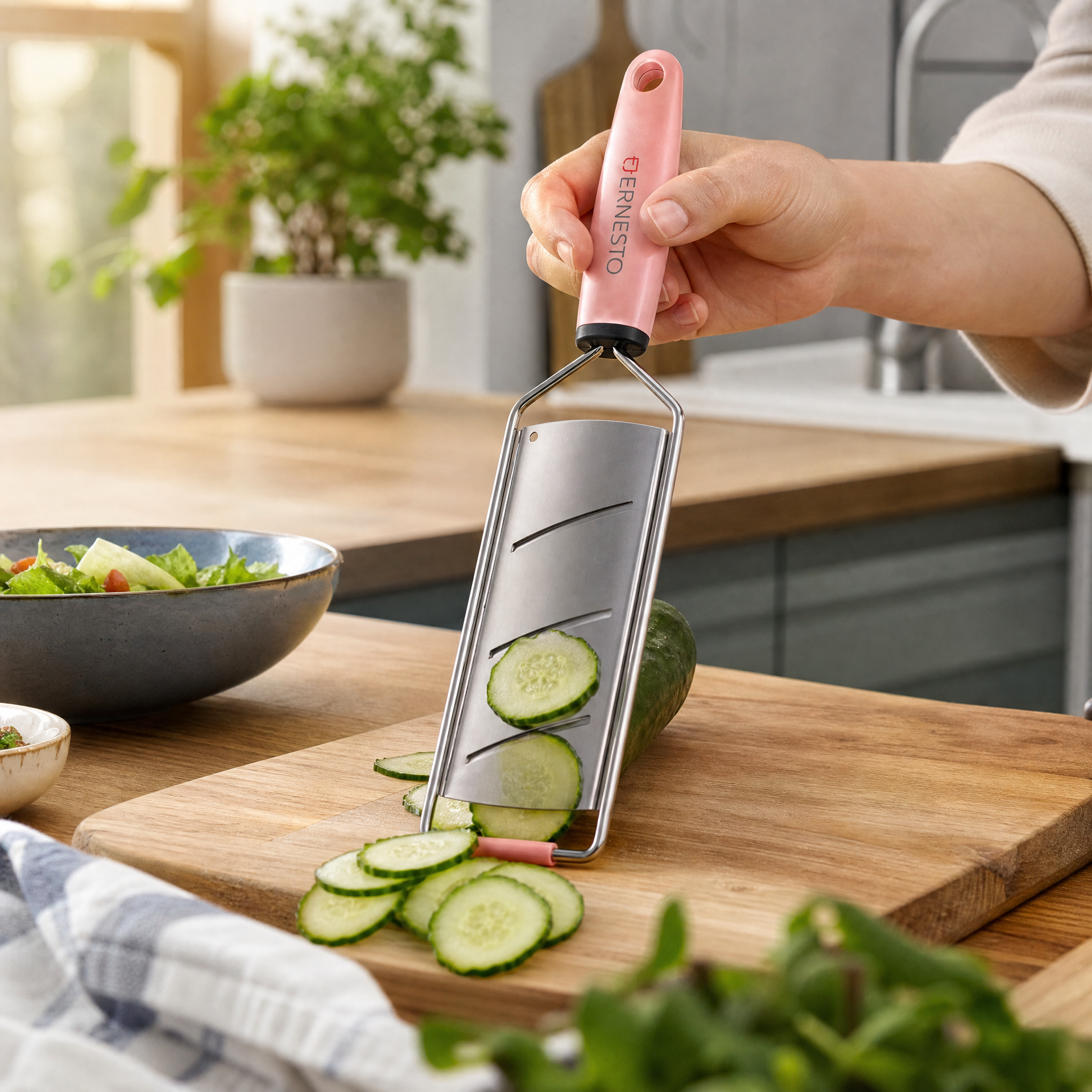 Cortador manual tipo slicer con mango rosa y hoja alargada