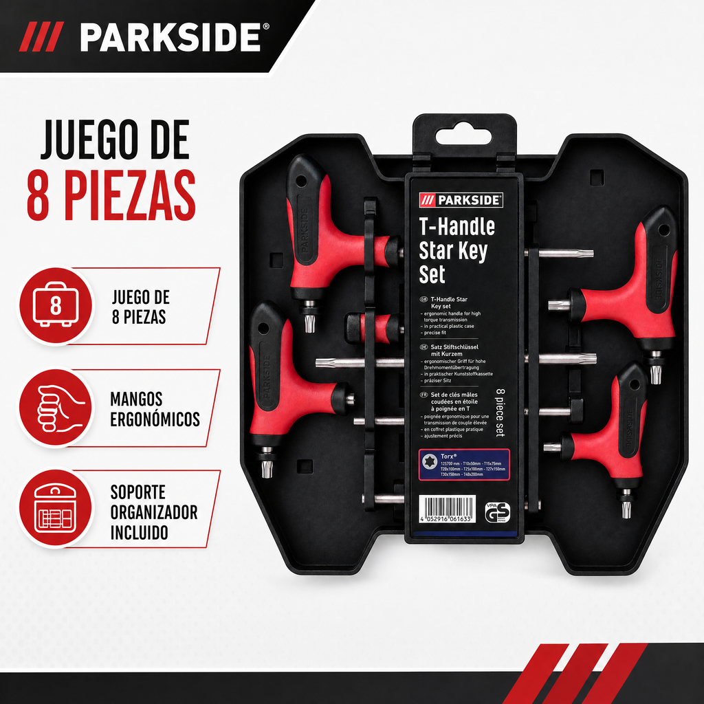Parkside Juego de llaves estrella con empuñaduras en T, 8 piezas en estuche plástico