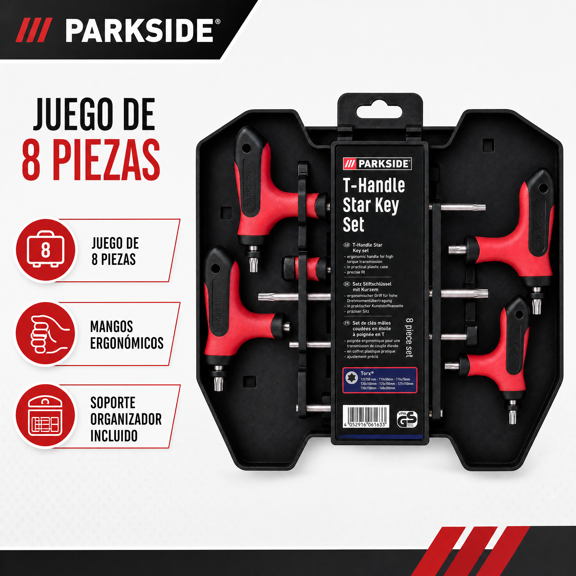 Parkside Juego de llaves estrella con empuñaduras en T, 8 piezas en estuche plástico