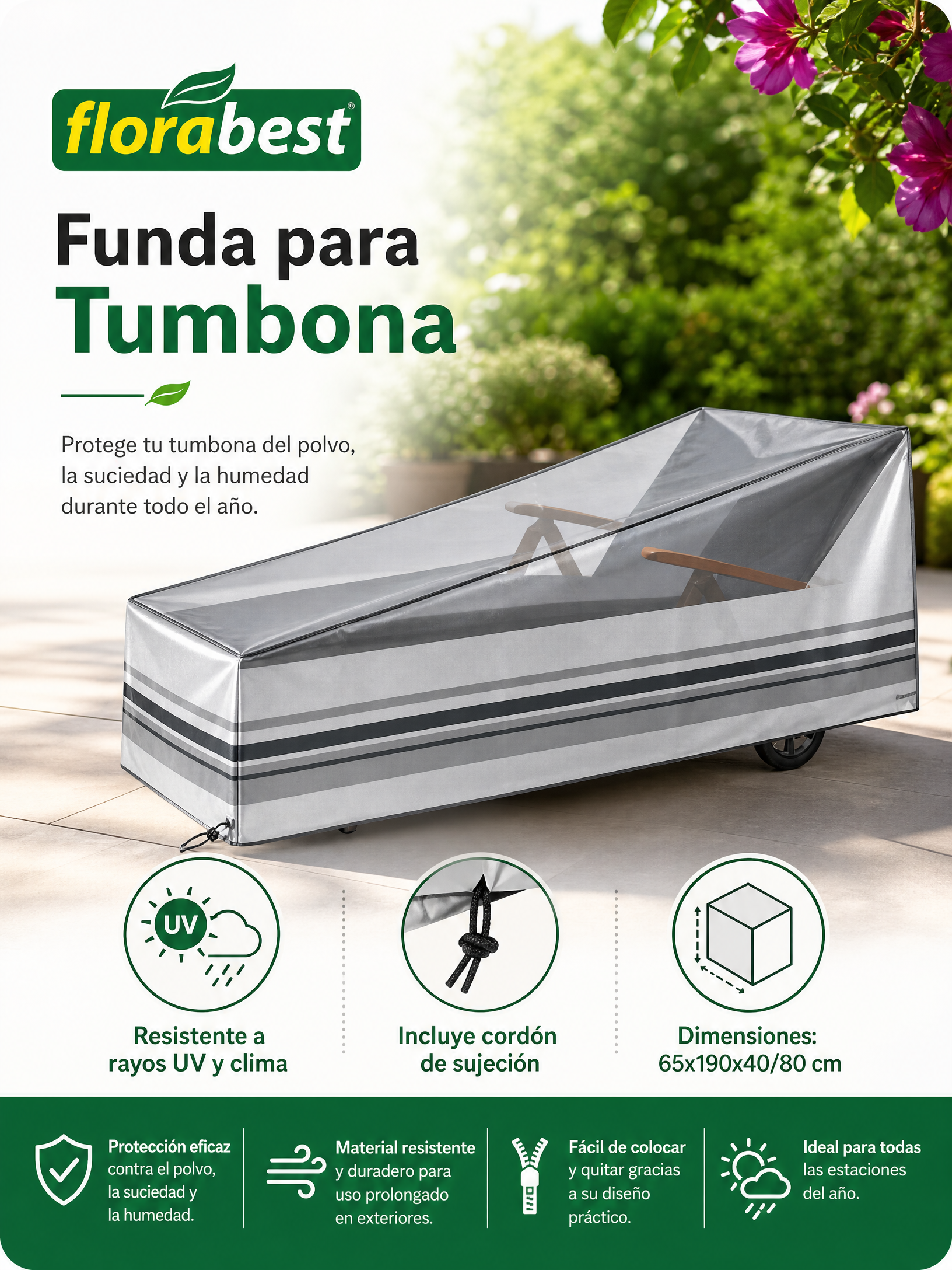 Funda protectora para tumbona 65 x 190 x 40/80 cm resistente a rayos UV