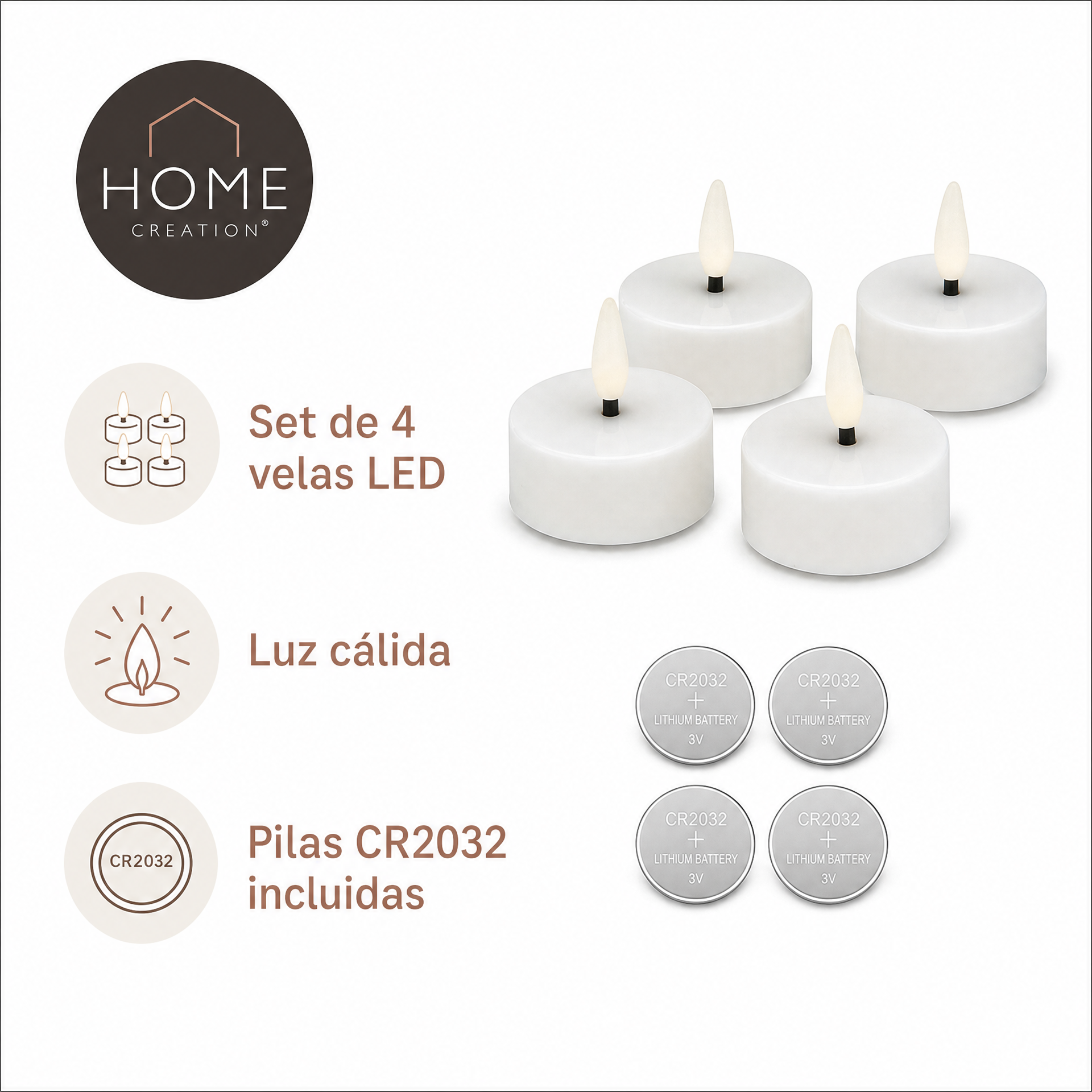 Home Creation — Set de 4 velas LED tipo té, luz cálida