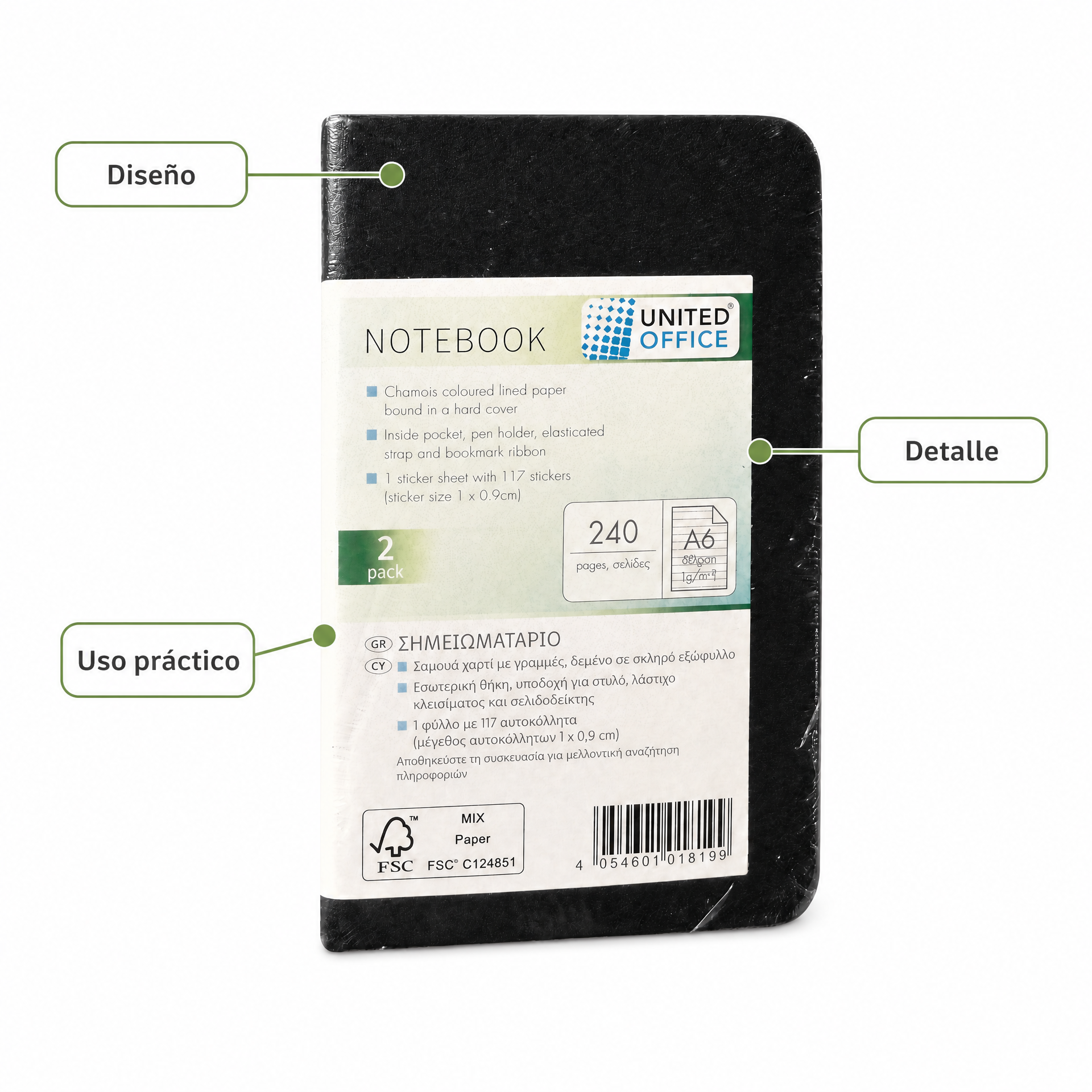 United Office Cuaderno A6 negro compacto