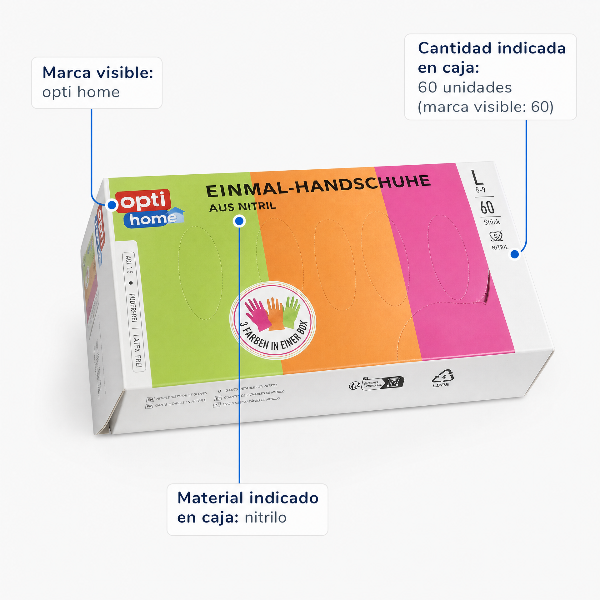 opti home Guantes desechables de nitrilo, 60 unidades, 3 colores