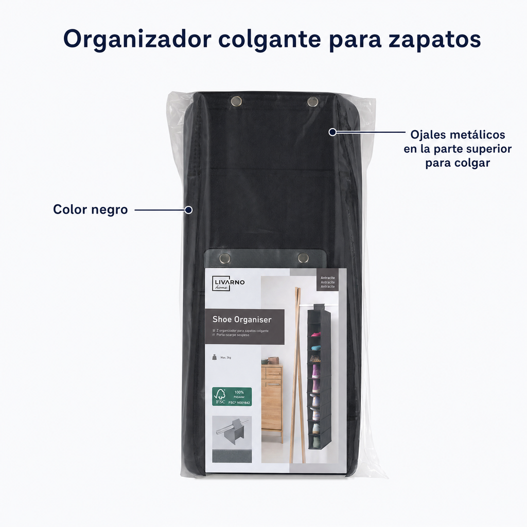 Organizador colgante para zapatos negro con ojales metálicos y bolsillos verticales