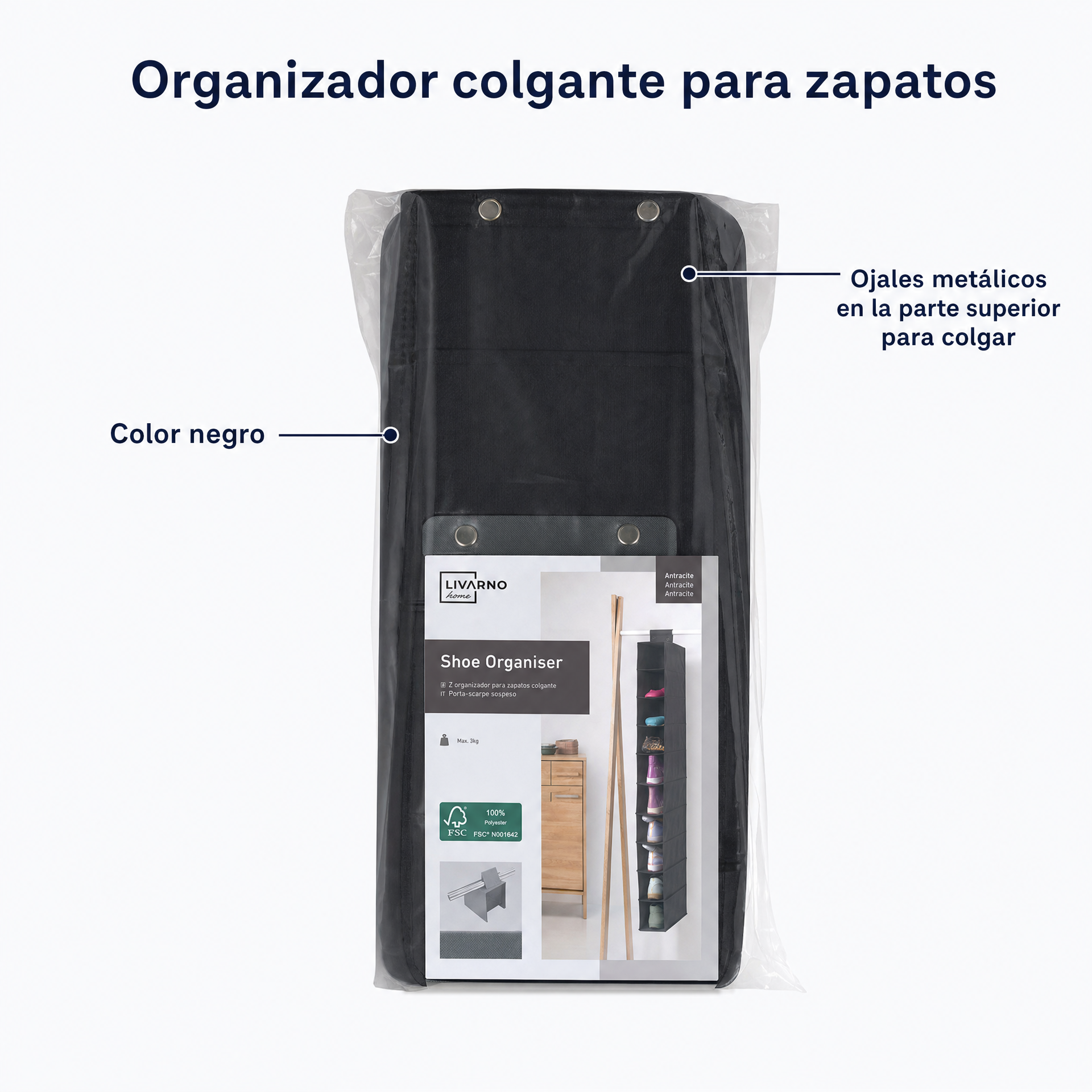 Organizador colgante para zapatos negro con ojales metálicos y bolsillos verticales