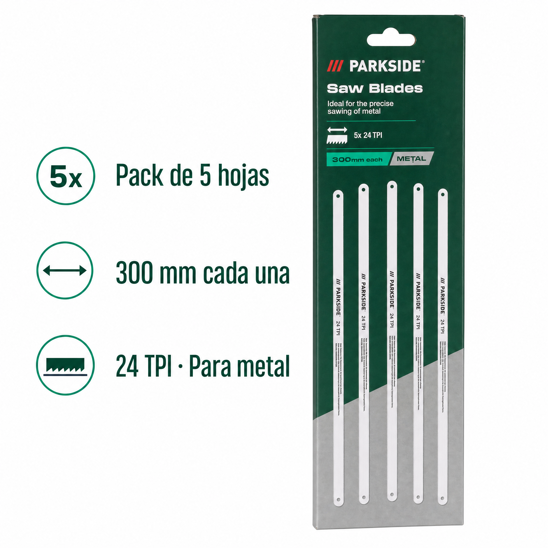 Parkside Pack de 5 Hojas de Sierra para Metal 300 mm 24 TPI
