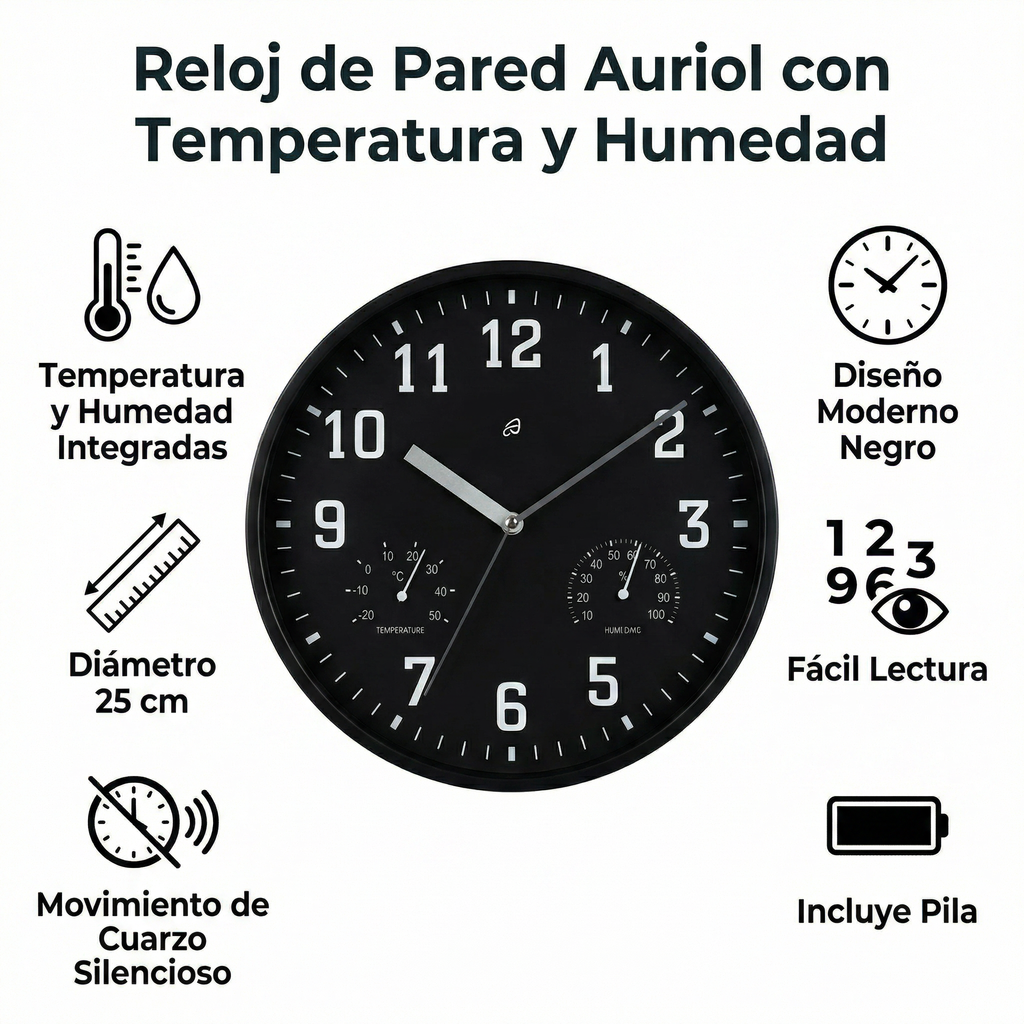 Reloj de Pared Auriol Negro con Temperatura y Humedad 25cm