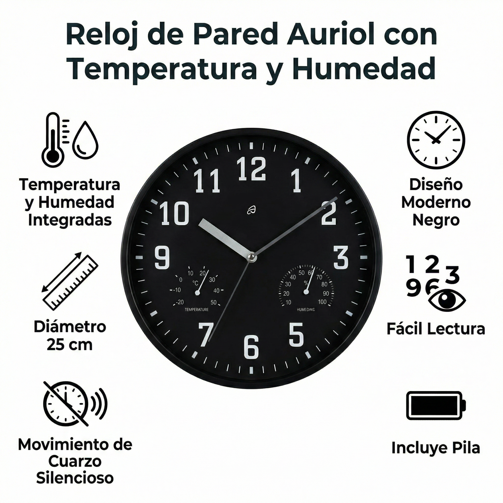 Reloj de Pared Auriol Negro con Temperatura y Humedad 25cm