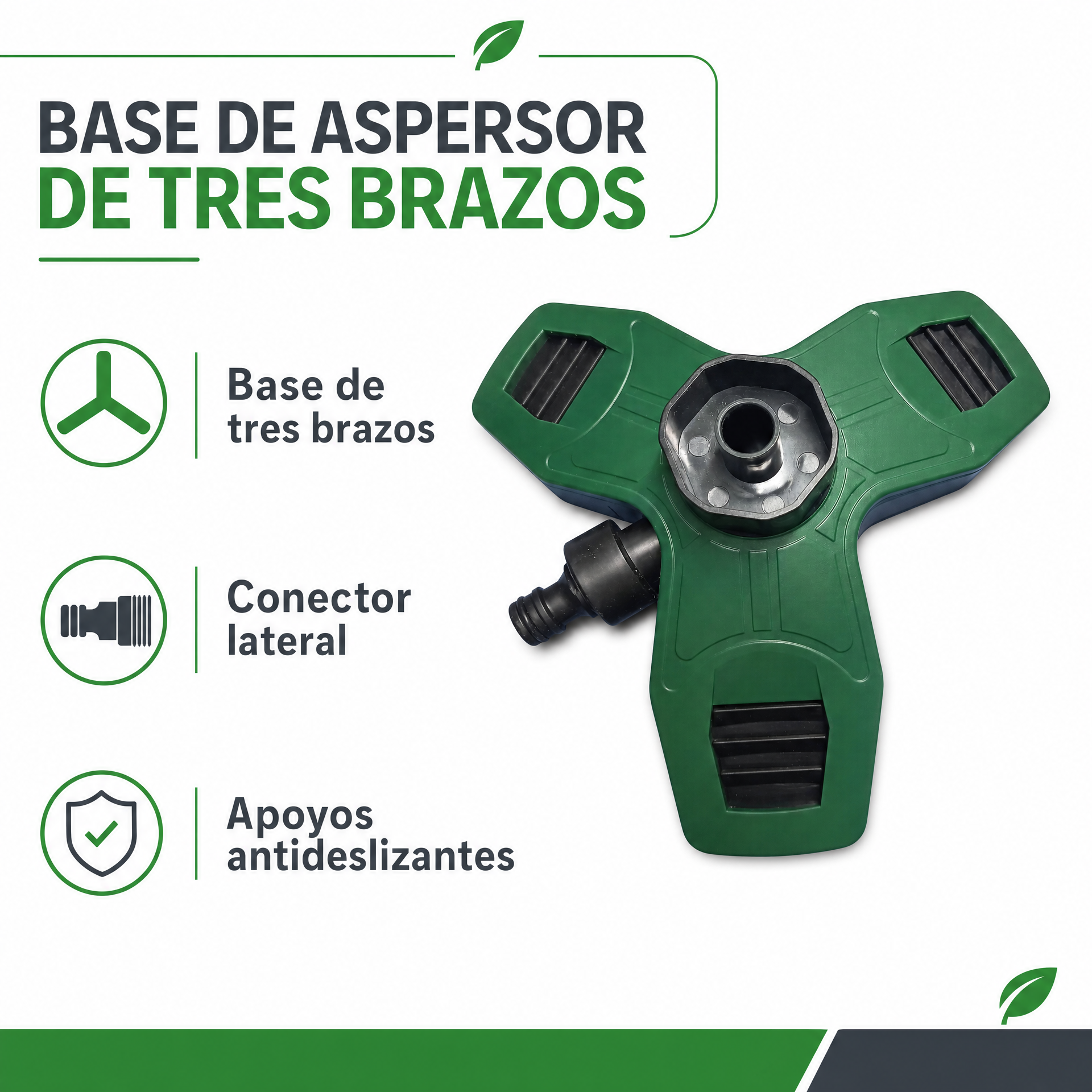 Base aspersor triple para jardín con conector lateral y pads antideslizantes