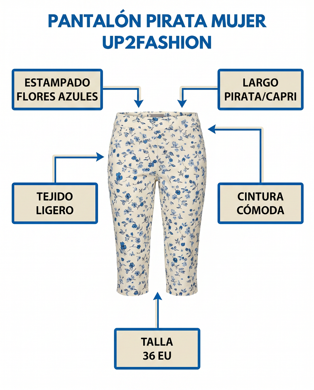 Pantalón Pirata Mujer Up2Fashion — Flores Azules