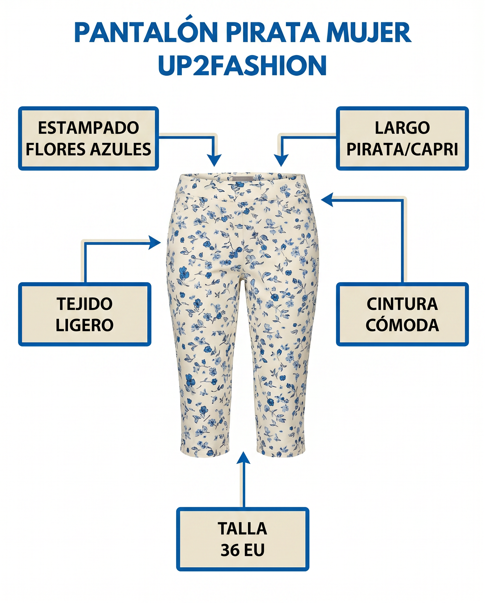 Pantalón Pirata Mujer Up2Fashion — Flores Azules
