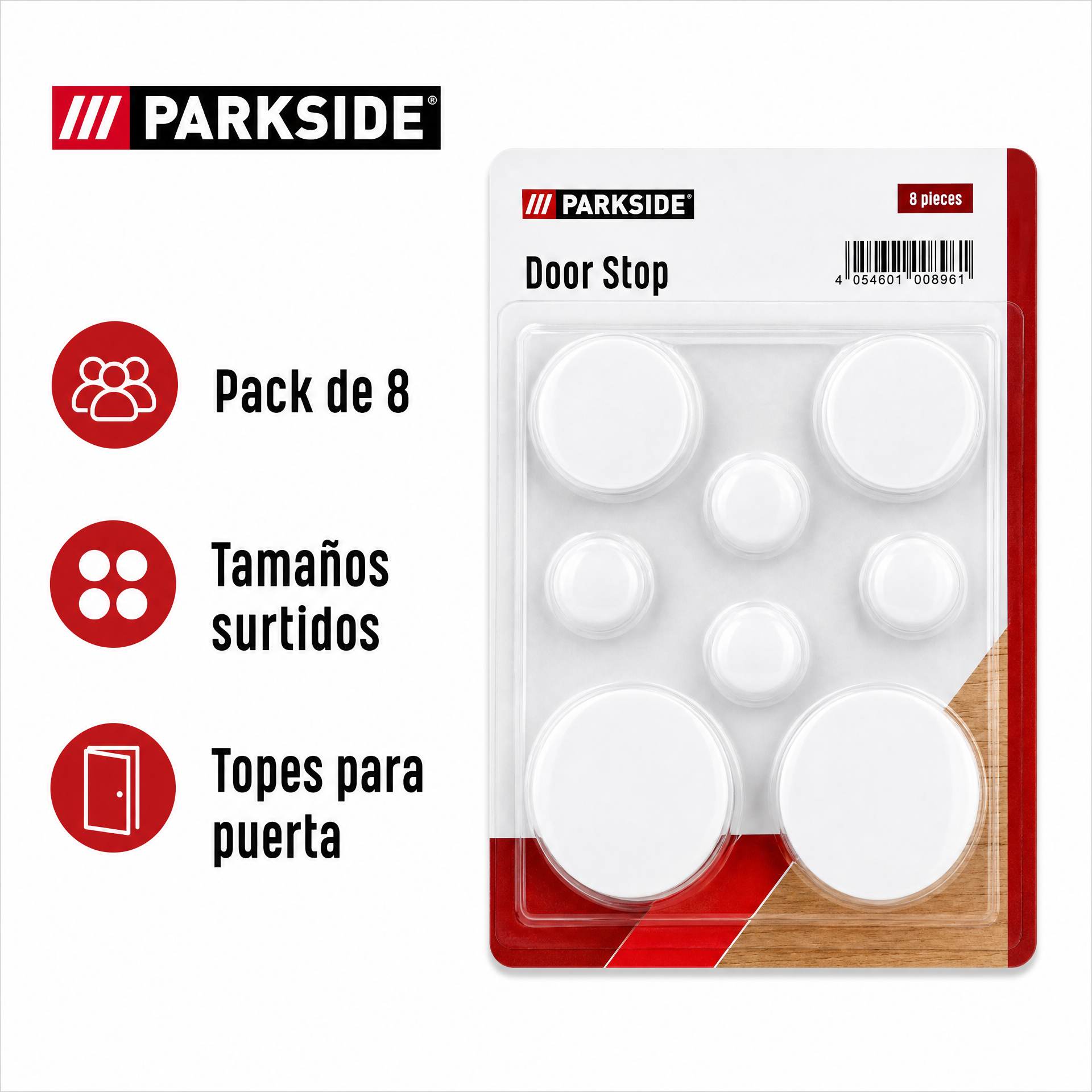 Parkside topes para puerta blancos — surtido 8 piezas (varios tamaños)
