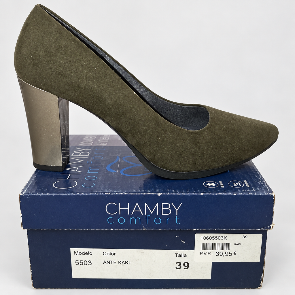 Zapatos Chamby 5503 kaki · Talla 39 — detalle del zapato y su caja