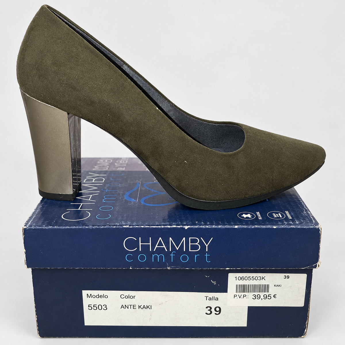 Zapatos Chamby 5503 kaki · Talla 39 — detalle del zapato y su caja