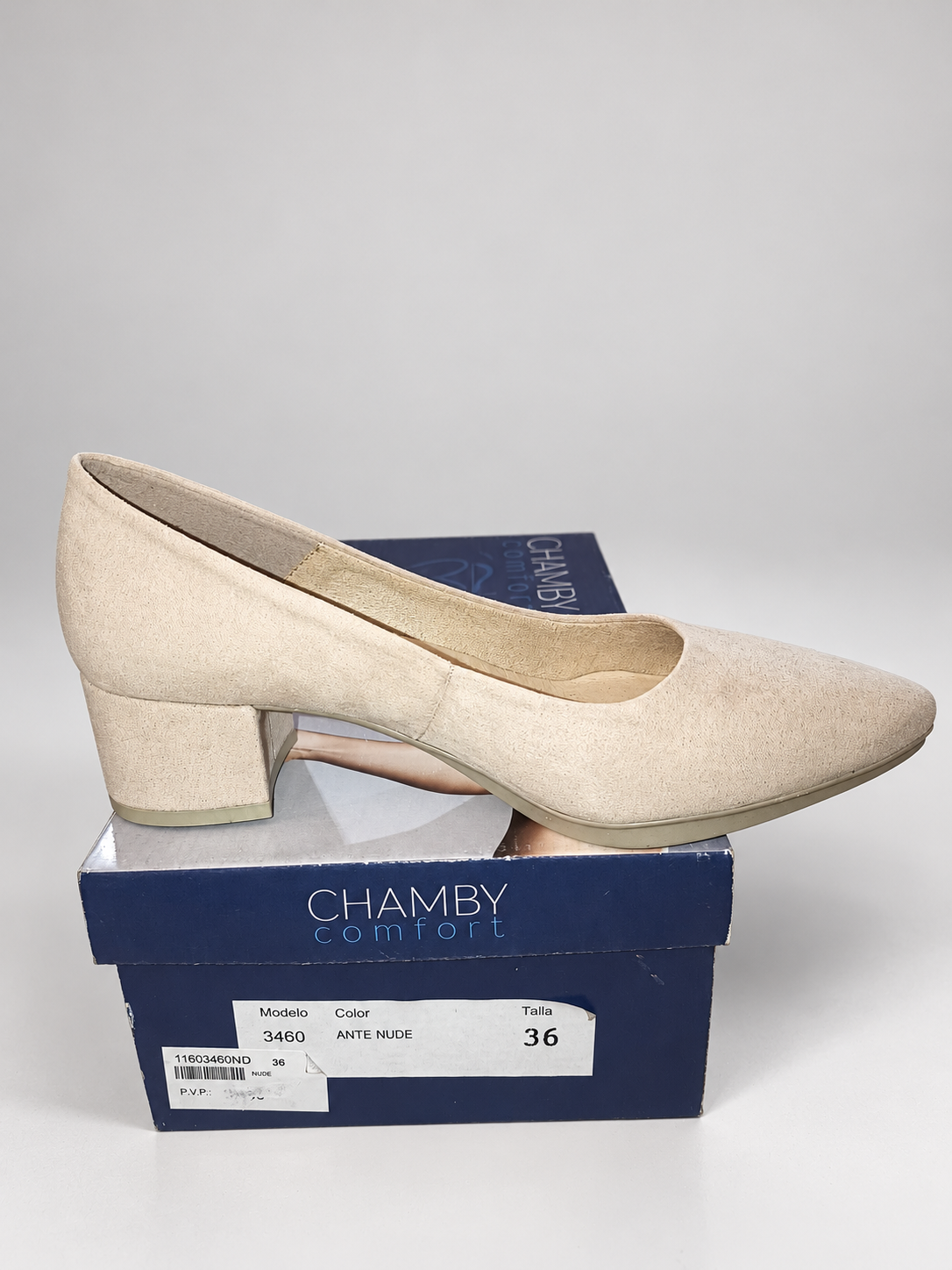 Zapatos de salón Chamby 3460 nude · Talla 36 — detalle y caja