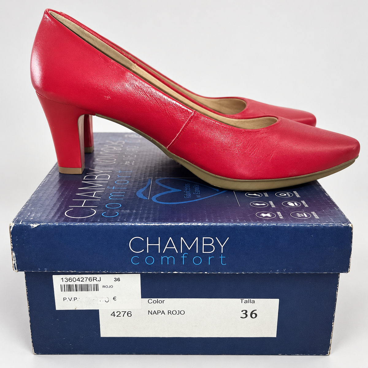Zapatos de salón Chamby 4276 rojos · Talla 36 — detalle del par y su caja