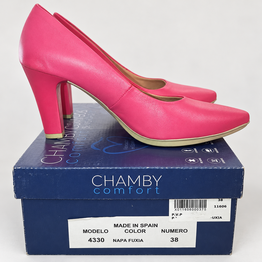 Zapatos de salón Chamby 4330 fucsia · Talla 38 — detalle del par y su caja