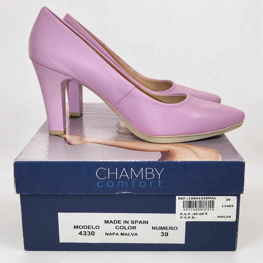 Zapatos de salón Chamby 4330 malva · Talla 39 — detalle del par y su caja