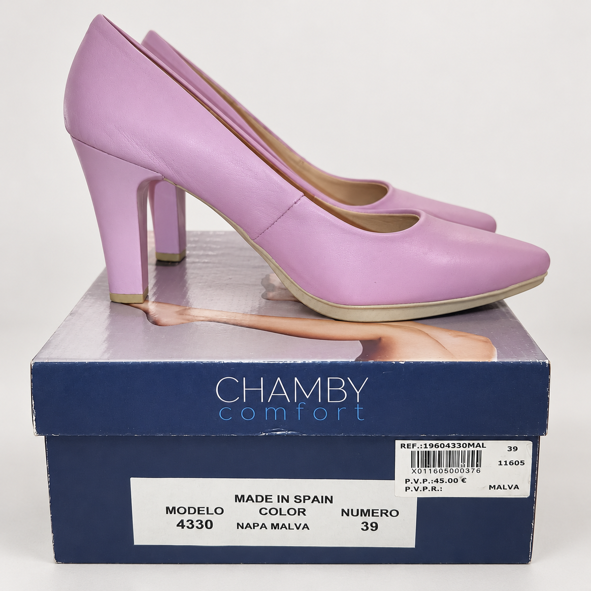 Zapatos de salón Chamby 4330 malva · Talla 39 — detalle del par y su caja