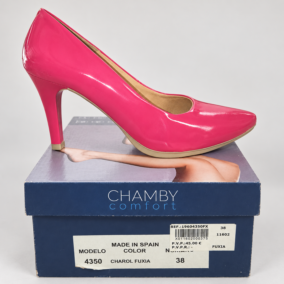 Zapatos de salón Chamby 4350 charol fucsia · Talla 38 — detalle del zapato y su caja