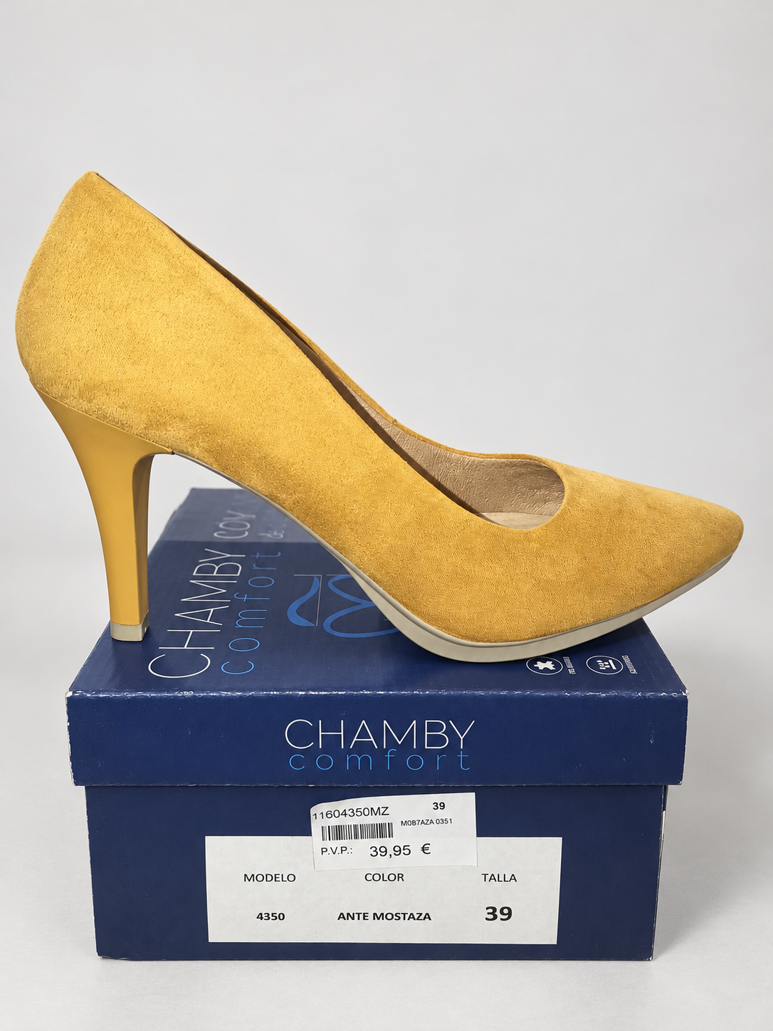 Zapatos de salón Chamby 4350 mostaza · Talla 39 — detalle y caja