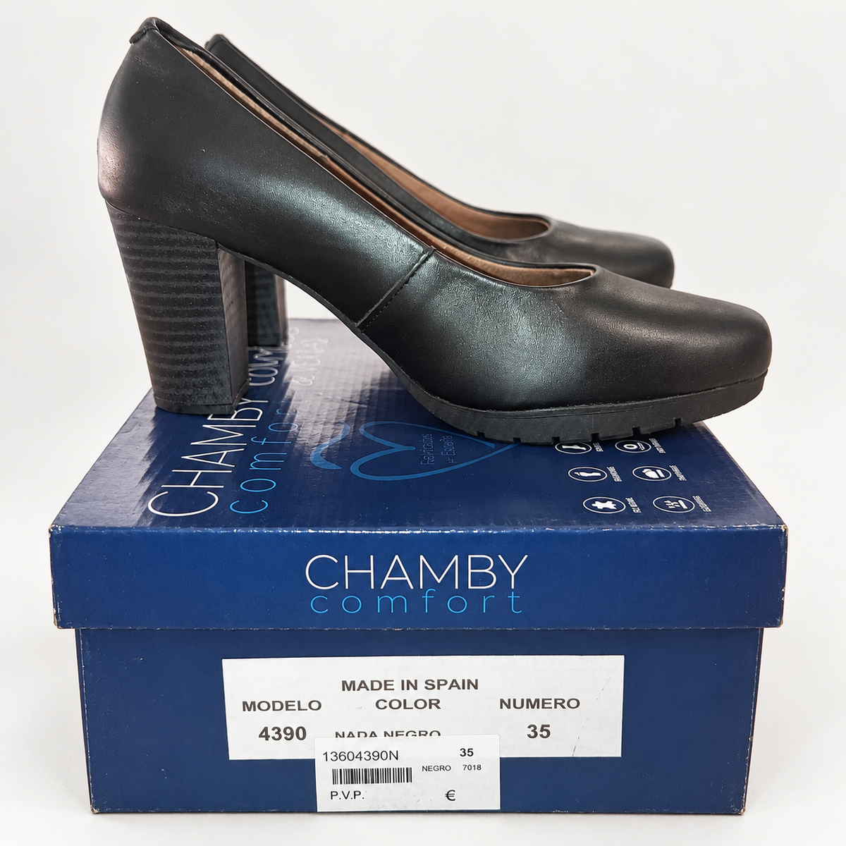 Zapatos de salón Chamby 4390 negros con plataforma · Talla 35 — detalle del par y su caja