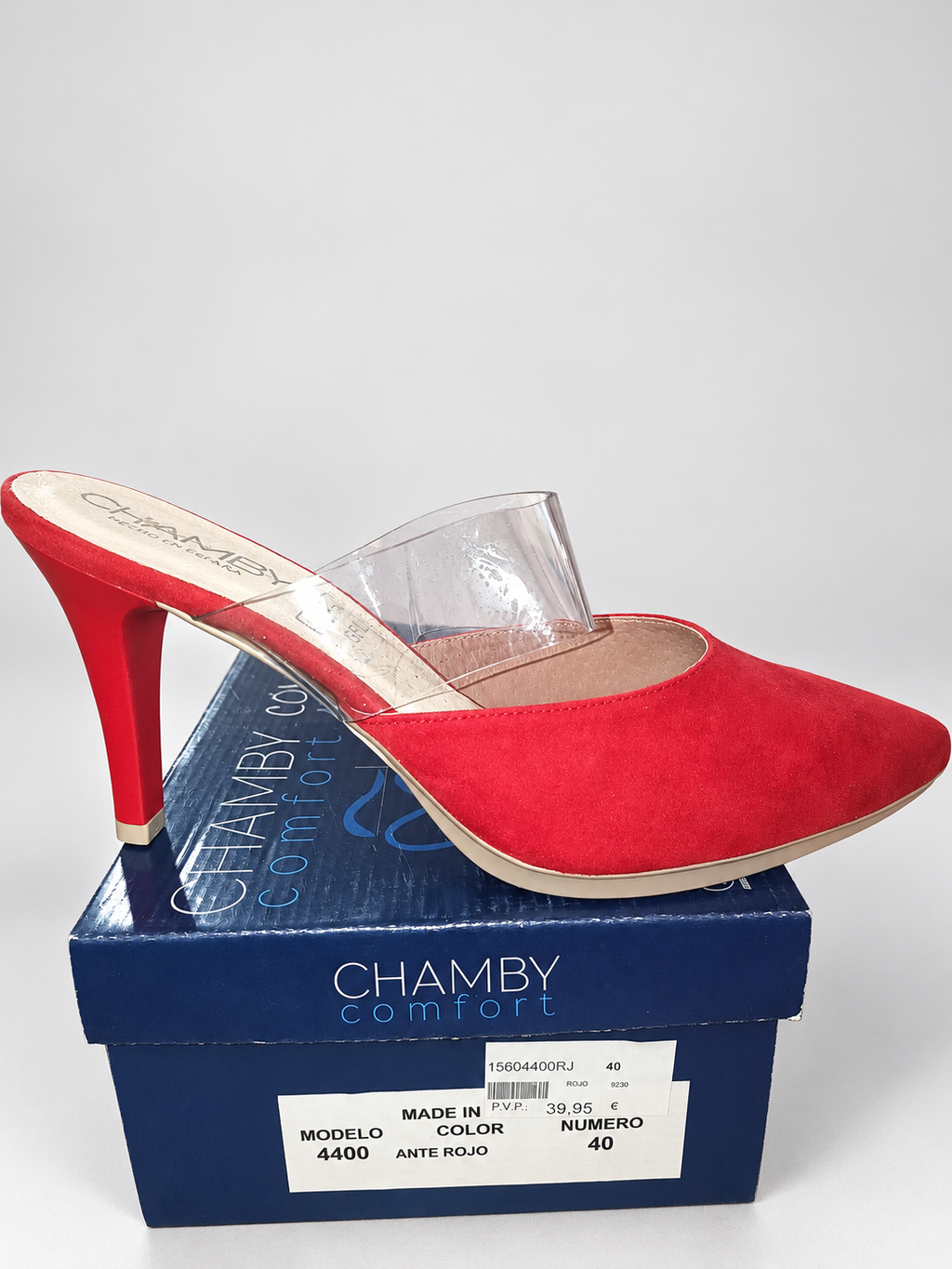 Zapatos destalonados Chamby 4400 rojos · Talla 40 — detalle y caja