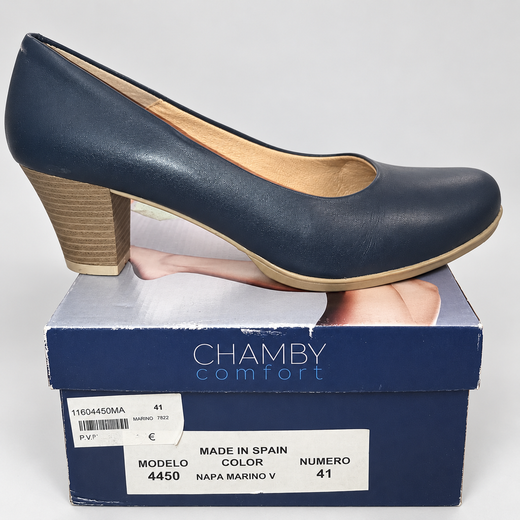 Zapatos de salón Chamby 4450 azul marino · Talla 41 — detalle del zapato y su caja