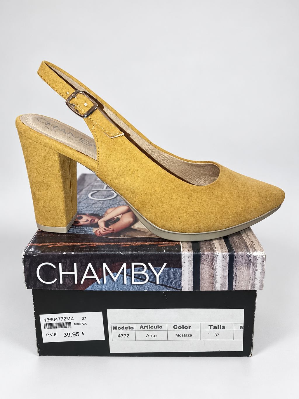 Zapatos destalonados Chamby 4772 mostaza · Talla 37 — detalle y caja