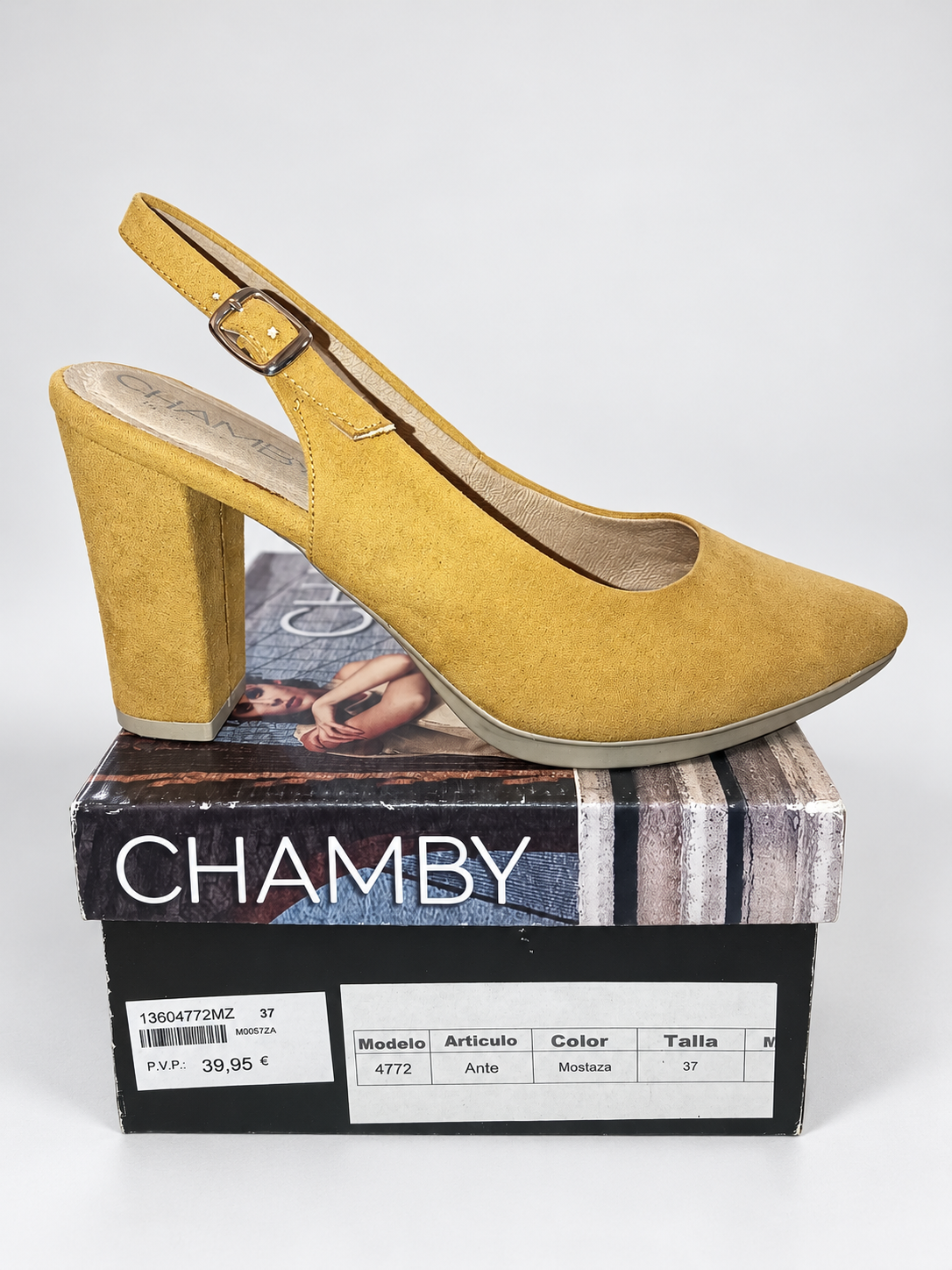 Zapatos destalonados Chamby 4772 mostaza · Talla 37 — detalle y caja