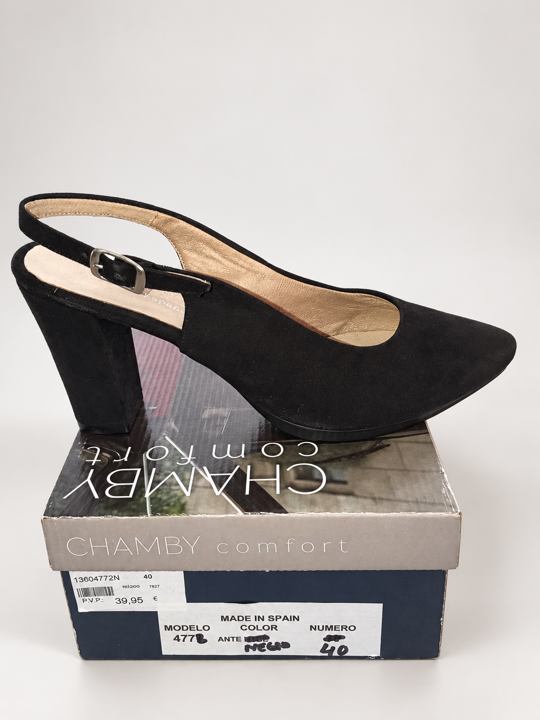 Zapatos destalonados Chamby 4772 negros · Talla 40 — detalle y caja