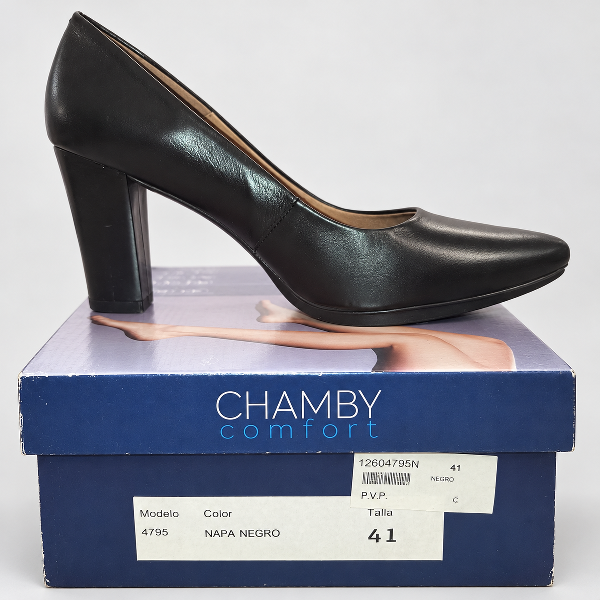 Zapatos de salón Chamby 4795 negros · Talla 41 — detalle del zapato y su caja