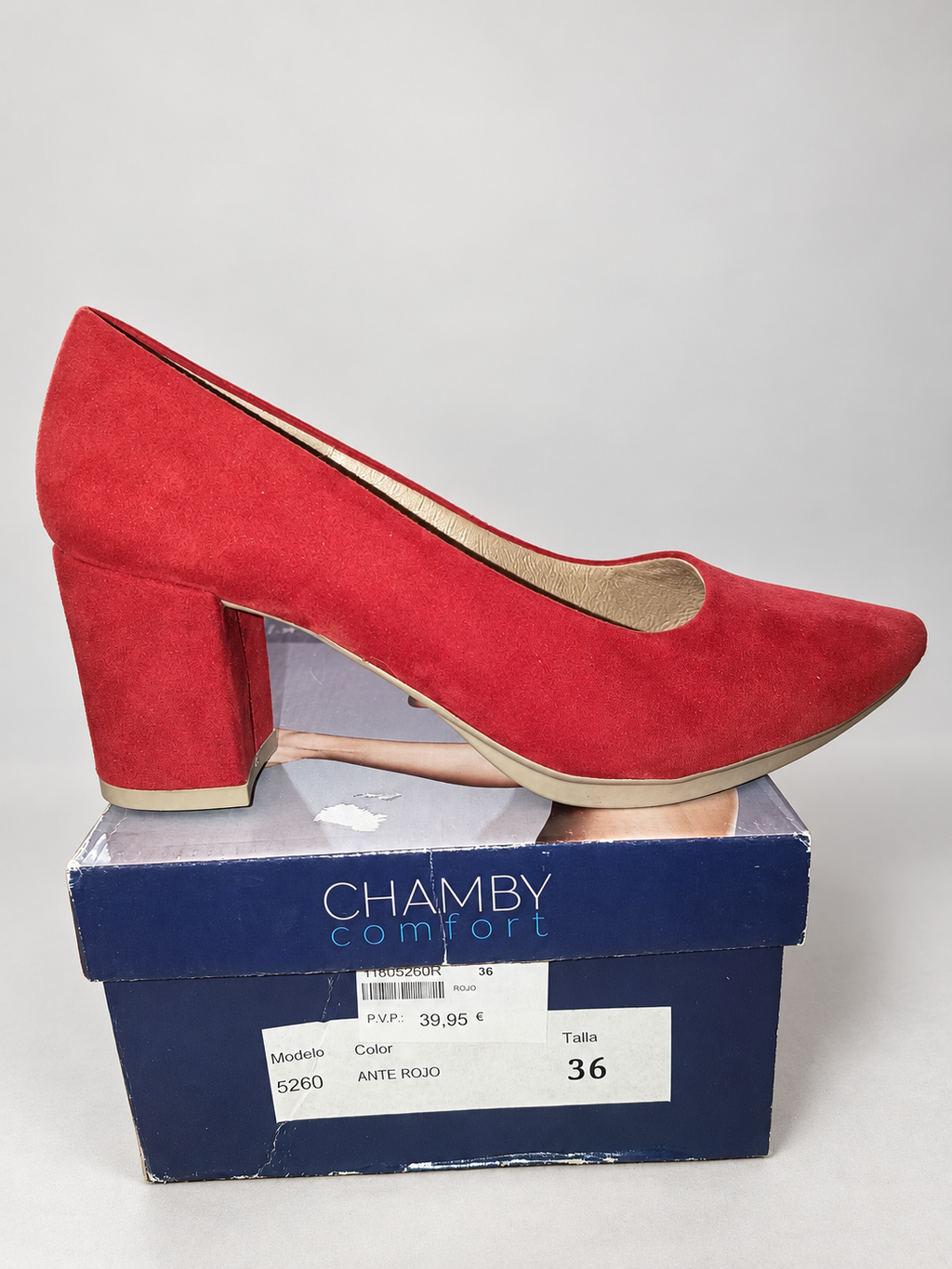 Zapatos de salón Chamby 5260 rojos · Talla 36 — detalle y caja
