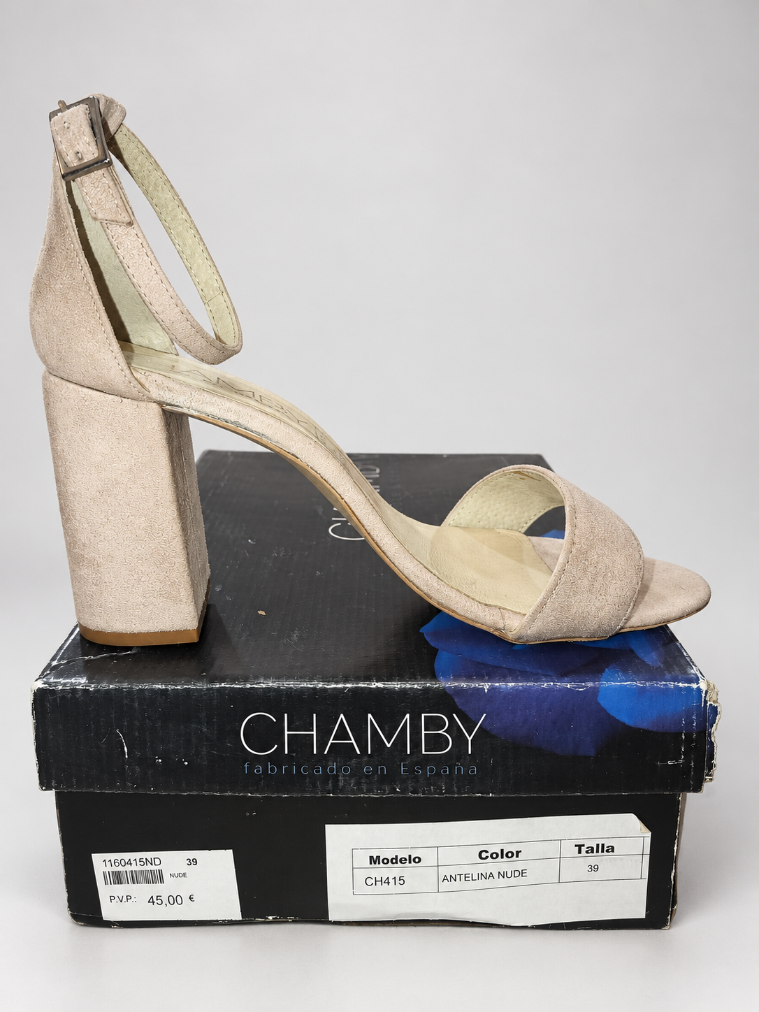 Sandalias Chamby CH415 nude de tacón ancho · Talla 39 — detalle y caja
