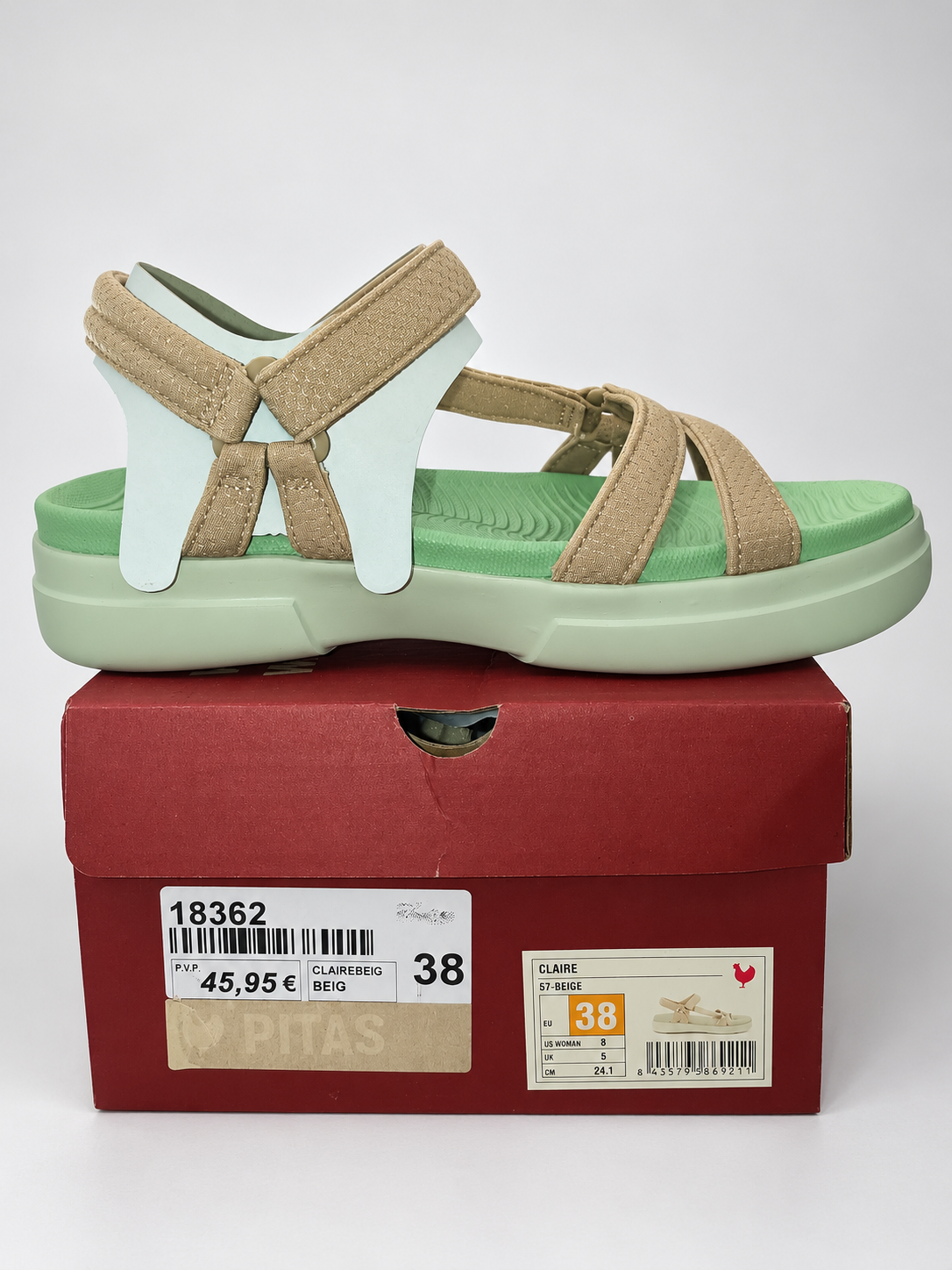 Sandalia Pitas Claire beige, plantilla verde, talla 38 — detalle con etiqueta
